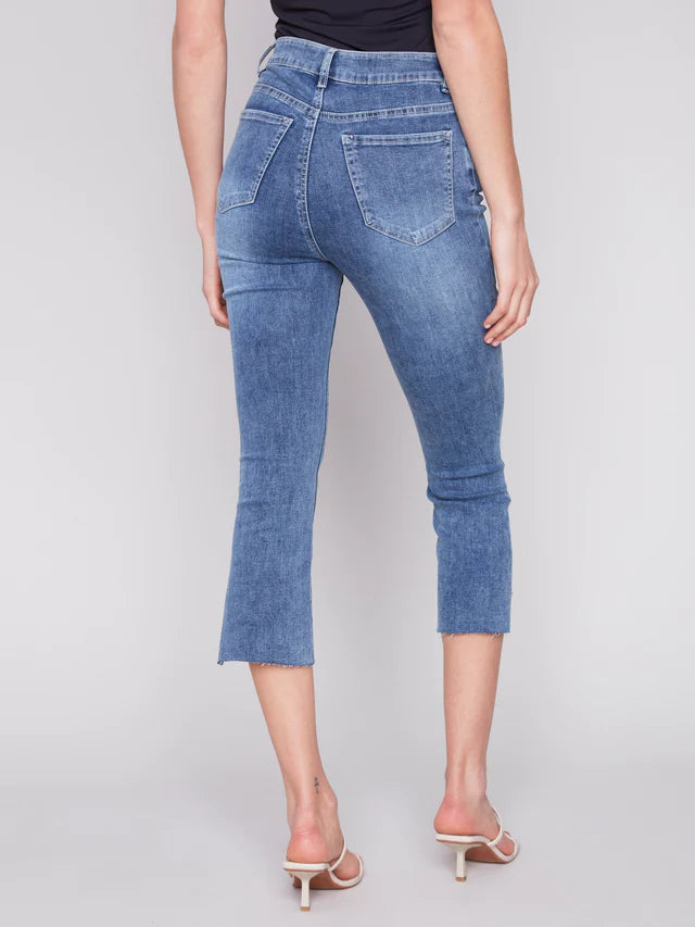 Cropped Bootcut Jeans with Asymmetrical Hem - Medium Blue