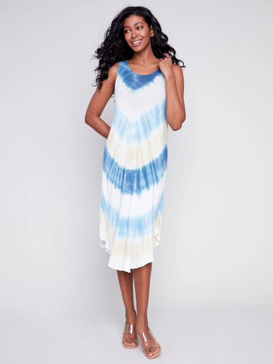 Sleeveless Printed Rayon Dress - Blue
